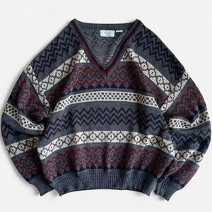 Vintage Sears The Men’s Store V Neck Grandpa Pullover Sweater Grey Burgundy